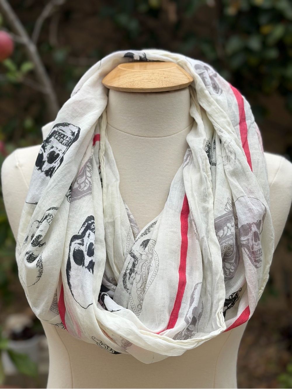 ASOS Cream Infinity Scarf with Black Skull Print and Pink Stripe